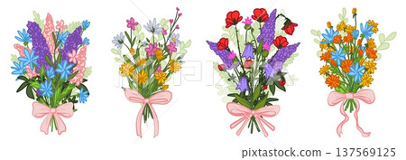 Summer bouquets set with wildflowers and ribbons Summer bouquets set with wildflowers and ribbons 137569125