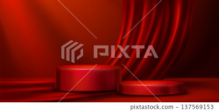 Red podium with scarlet velvet curtain frame Red podium with scarlet velvet curtain frame 137569153