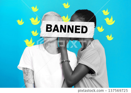 Cancel culture, gossip and censorship with overlay on people for social media, cyber bullying and toxic message. Free speech, censorship and rumor with women on blue background for mockup and voice 137569725