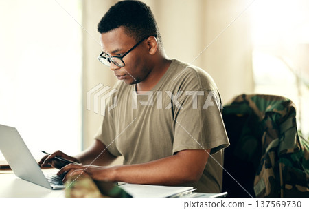 Laptop, serious soldier and black man typing at table in home, planning and remote work. Computer, veteran on internet and technology on desk for freelancer in army, search and reading military email 137569730
