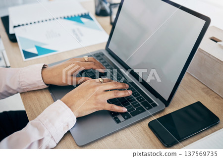 Laptop screen, hands and corporate person typing advertising report, research or check administration project. Mockup internet space, technology closeup and closeup secretary working on admin work Laptop screen, hands and corporate person typing advertising report, research or check administration project. Mockup internet space, technology closeup and closeup secretary working on admin work 137569735