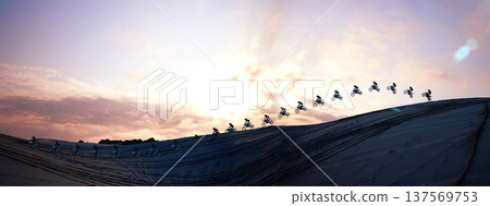 Banner, sunset and bikers in nature for a race, group exercise and fitness. Team, sports and people, racer or friends with motorbike, cycling and adventure on a holiday for training in the desert 137569753
