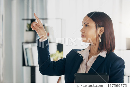 Virtual design, point and business person working on project, website development or research process. UI panel, profile and corporate woman rendering graphic screen, online hud or interactive system 137569773