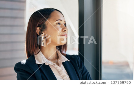 Smile, thinking and business woman in office, planning or problem solving in company. Future vision, idea and happy professional decision making, brainstorming solution and inspiration of strategy Smile, thinking and business woman in office, planning or problem solving in company. Future vision, idea and happy professional decision making, brainstorming solution and inspiration of strategy 137569790