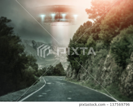 Road, UFO and spaceship with nature, galaxy mission and planet with travel, alien and transport with fantasy. Craft, streets and trees with light beam, universe and science fiction with innovation Road, UFO and spaceship with nature, galaxy mission and planet with travel, alien and transport with fantasy. Craft, streets and trees with light beam, universe and science fiction with innovation 137569796