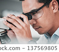 Microscope, face and man in medical laboratory for research, dna analysis or development of science innovation. Asian scientist, biotechnology or check lens for investigation, particles or assessment 137569805