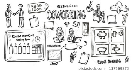 Coworking Space and Meeting Room Collaboration. Vector Illustration doodle style Coworking Space and Meeting Room Collaboration. Vector Illustration doodle style 137569873