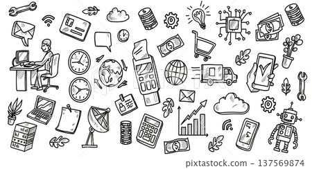 Finance and Technology Office Ecosystem. Vector Illustration doodle style Finance and Technology Office Ecosystem. Vector Illustration doodle style 137569874