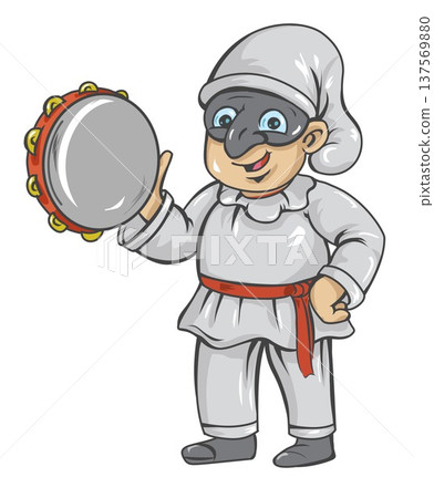 Pulcinella with tambourine cartoon. vector illustration 137569880