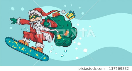 Cool Snowboarding Santa with Gifts in Action. vector illustration Cool Snowboarding Santa with Gifts in Action. vector illustration 137569882