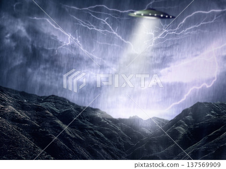 Alien, spaceship and UFO with lightning on mountain for fantasy, science fiction and space abduction. Extraterrestrial, travel and flying saucer beam in rain for universe discovery, mystery or galaxy Alien, spaceship and UFO with lightning on mountain for fantasy, science fiction and space abduction. Extraterrestrial, travel and flying saucer beam in rain for universe discovery, mystery or galaxy 137569909