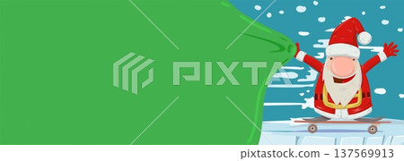 Horizontal Christmas banner with a vector illustration of Santa Claus and his green gift bag 137569913