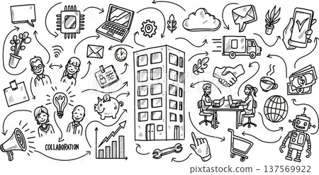 Business Collaboration and Modern Office Ecosystem. Vector Illustration doodle style 137569922
