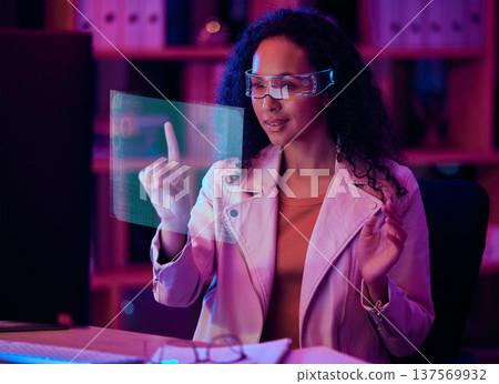 Woman, virtual reality and 3d screen for programming, game developer or software design in neon office at night. Programmer in VR glasses, biometric and press, holographic or futuristic fingerprint Woman, virtual reality and 3d screen for programming, game developer or software design in neon office at night. Programmer in VR glasses, biometric and press, holographic or futuristic fingerprint 137569932