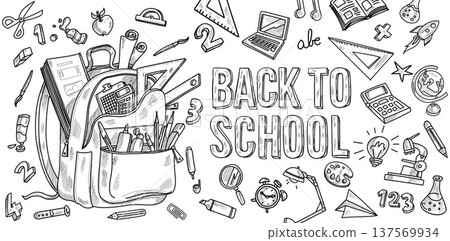 Horizontal Hand Drawn Vector Illustration of a School Backpack with Various Back to School Doodle Elements. Banner background 137569934