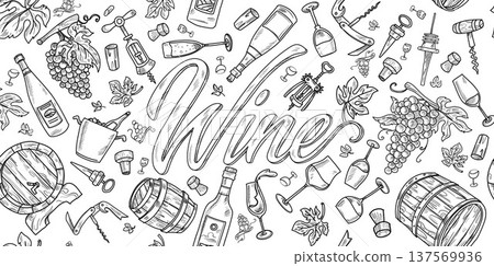 Horizontal background with wine elements. Hand-drawn wine illustrations and vector icons for menus, labels, and packaging. 137569936
