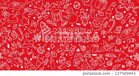 Horizontal vector illustration of a Christmas themed seamless pattern with doodle style elements Horizontal vector illustration of a Christmas themed seamless pattern with doodle style elements 137569943