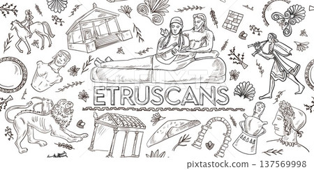 Ancient Etruscan Doodles horizontal banner. vector background 137569998
