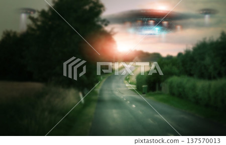 Road, UFO or spaceship with galaxy mission, countryside or planet with travel, alien transport or extraterrestrial. Craft, nature or trees with light beam, universe or science fiction with innovation Road, UFO or spaceship with galaxy mission, countryside or planet with travel, alien transport or extraterrestrial. Craft, nature or trees with light beam, universe or science fiction with innovation 137570013