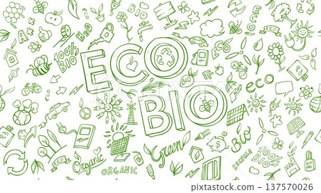 horizontal  banner Eco and  bio Related Objects and Elements. Hand Drawn Vector Doodle Illustration 137570026