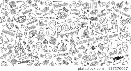 Spain Doodle Art horizontal Banner. Illustration Hand Drawn Spain Doodle Art horizontal Banner. Illustration Hand Drawn 137570027