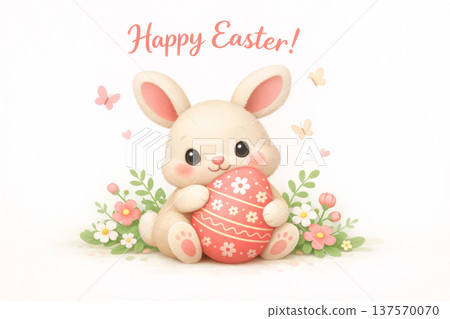 Easter bunny holding large floral egg, happy holiday greeting card with butterflies. 137570070