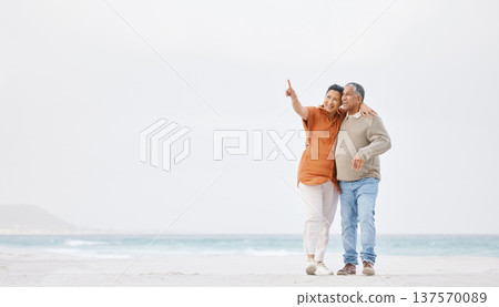 Beach, mockup and mature happy couple point at outdoor view, tropical advertising space or travel holiday destination. Retirement journey, relax walk and nature man, old woman or marriage people bond 137570089