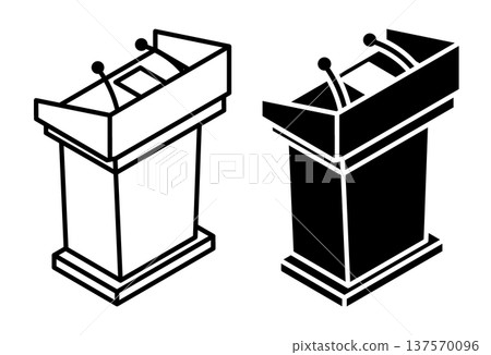 Linear isometric icon. Tribune with microphones for holding a press conference. Simple vector isolated on white background Linear isometric icon. Tribune with microphones for holding a press conference. Simple vector isolated on white background 137570096