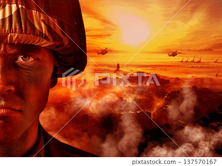 Conflict, army and portrait of soldier with fire in warzone for service, military duty or battle in camouflage. Apocalypse, fight and face of man with helicopter for armed forces, defense or warfare Conflict, army and portrait of soldier with fire in warzone for service, military duty or battle in camouflage. Apocalypse, fight and face of man with helicopter for armed forces, defense or warfare 137570167