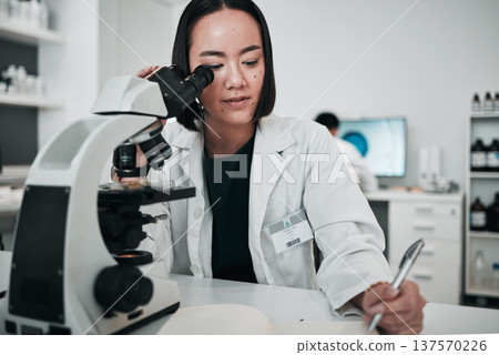Microscope, woman and writing in laboratory for science research, dna analysis and notes. Asian scientist, biotechnology and review investigation, test report and check lens for assessment results Microscope, woman and writing in laboratory for science research, dna analysis and notes. Asian scientist, biotechnology and review investigation, test report and check lens for assessment results 137570226