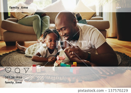 Social media, family and father and child with toys in living room for bonding, relationship and care. Home, African and happy dad with girl on floor playing with building blocks with online overlay Social media, family and father and child with toys in living room for bonding, relationship and care. Home, African and happy dad with girl on floor playing with building blocks with online overlay 137570229