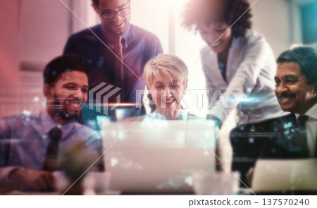 Hologram, computer and team of business people with futuristic networking for company global growth and connection. Happy, software and team working on 3D digital worldwide development information Hologram, computer and team of business people with futuristic networking for company global growth and connection. Happy, software and team working on 3D digital worldwide development information 137570240