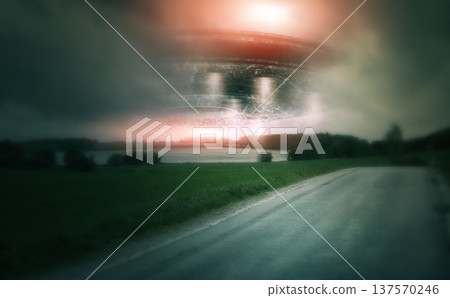 UFO, spaceship and countryside with alien in sky for fantasy or science fiction event in nature, field or landscape with clouds. Earth, aliens and extraterrestrial drone in environment with blur 137570246