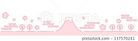 Minimal thin line illustration of Mt. Fuji and cherry blossoms, pink, white background, banner Minimal thin line illustration of Mt. Fuji and cherry blossoms, pink, white background, banner 137570281