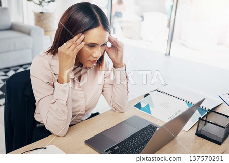 Business, laptop and woman with burnout, headache and depression with a deadline, glitch and stress. Person, worker and employee with a pc, migraine and mental health with tension, strain and anxiety Business, laptop and woman with burnout, headache and depression with a deadline, glitch and stress. Person, worker and employee with a pc, migraine and mental health with tension, strain and anxiety 137570291