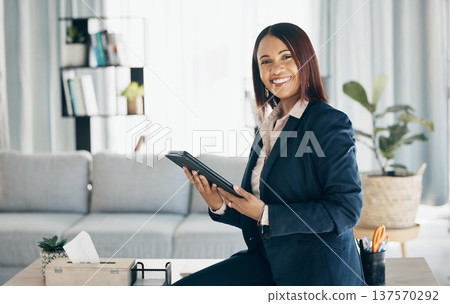 Smile, tablet and portrait of businesswoman in office with positive, good and confident attitude. Happy, creative career and young female designer from Colombia with technology in a modern workplace. Smile, tablet and portrait of businesswoman in office with positive, good and confident attitude. Happy, creative career and young female designer from Colombia with technology in a modern workplace. 137570292