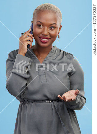 Phone call, smile and black woman listening, discussion and talking to contact in studio isolated on a blue background. African person chat on smartphone conversation, speaking and communication. Phone call, smile and black woman listening, discussion and talking to contact in studio isolated on a blue background. African person chat on smartphone conversation, speaking and communication. 137570327