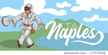 horizontal background of Naples featuring Mount Vesuvius and the iconic figure of Pulcinella. vector illustration horizontal background of Naples featuring Mount Vesuvius and the iconic figure of Pulcinella. vector illustration 137570348