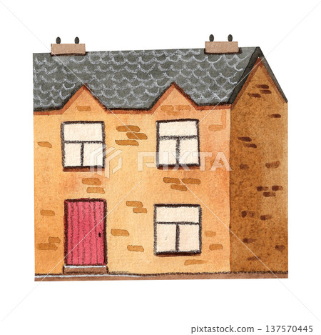 Watercolor cozy brown house. Hand drawn watercolor illustration of a stone building. Urban buildings and country estates. 137570445