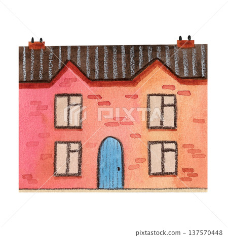 Cozy two-story watercolor house. Hand drawn illustration of a red brick building with a blue door. Urban buildings and country estates. 137570448