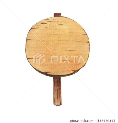 Illustration of a round sign, a wooden board signpost, hand-drawn in watercolor. Information board with a blank space. Illustration of a round sign, a wooden board signpost, hand-drawn in watercolor. Information board with a blank space. 137570451