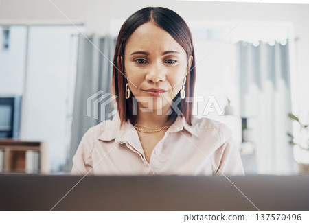 Web designer, laptop and business woman with data project proposal online in a office. Update report, female professional and work on a computer with typing and tech job research for website analysis 137570496