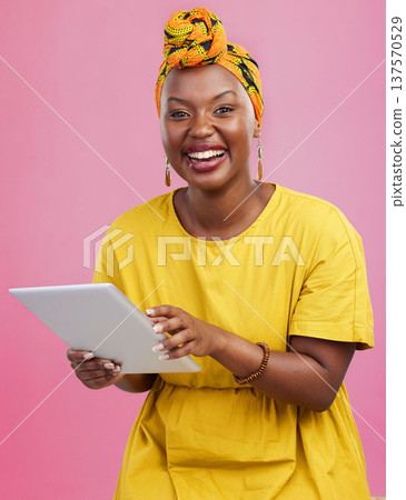Black woman, tablet and communication, funny meme on social media with chat, internet search and laugh in studio. Scroll online with comedy, African user with app and technology on pink background Black woman, tablet and communication, funny meme on social media with chat, internet search and laugh in studio. Scroll online with comedy, African user with app and technology on pink background 137570529