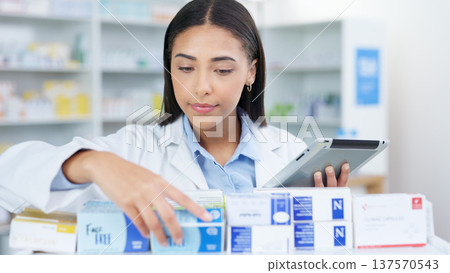 Medicine, tablet and woman chemist doing research at dispensary for prescription treatment. Medical, digital technology and female pharmacist check stock inventory for medication in drugstore clinic. Medicine, tablet and woman chemist doing research at dispensary for prescription treatment. Medical, digital technology and female pharmacist check stock inventory for medication in drugstore clinic. 137570543
