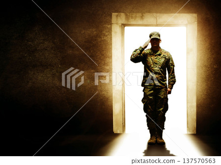 Military, door and soldier salute for leaving home for service, army duty and battle in camouflage uniform. Mockup, war hero and man at entrance ready for armed forces, country and marine defense Military, door and soldier salute for leaving home for service, army duty and battle in camouflage uniform. Mockup, war hero and man at entrance ready for armed forces, country and marine defense 137570563