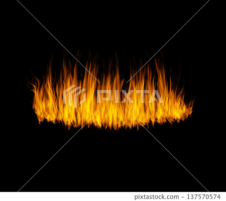 Orange flame, heat or light on black background with texture, pattern and burning energy. Fire line, fuel and flare isolated on dark wallpaper design or explosion at bonfire, thermal power or inferno 137570574