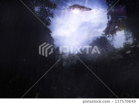 Ufo, spaceship light and alien in forest for mission, science fiction and fantasy in sky with thunder. Spacecraft, countryside and flying saucer from outer space for invasion, futuristic and mystery Ufo, spaceship light and alien in forest for mission, science fiction and fantasy in sky with thunder. Spacecraft, countryside and flying saucer from outer space for invasion, futuristic and mystery 137570649