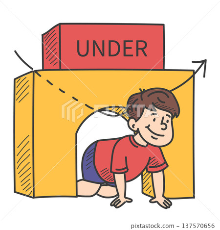 Boy moving under the toy building Boy moving under the toy building 137570656