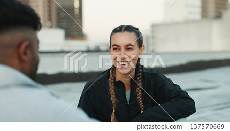 Fitness, happy and woman athlete in the city for a health, wellness and cardio workout or exercise. Smile, sports and young couple on a rest or break after training on rooftop in urban town. Fitness, happy and woman athlete in the city for a health, wellness and cardio workout or exercise. Smile, sports and young couple on a rest or break after training on rooftop in urban town. 137570669