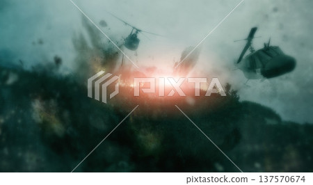 Helicopter, warzone and apocalypse with explosion on battlefield for missile, army and bomb launch. Warrior, solider and target with fight in city for military mission, rocket and nuclear attack 137570674